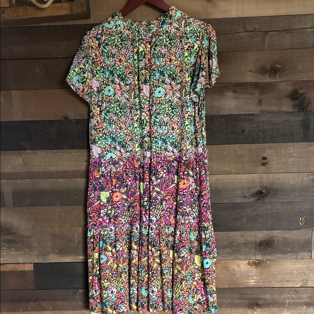 Floral Tiered Midi Dress in Pink, Green, Cream - Picture 3 of 3